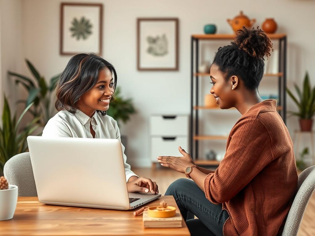 A therapist engaging with a client during a virtual session on a laptop, displaying a compassionate and attentive demeanor. The setting features a calming office environment with soft colors and minimal distractions, reflecting a professional yet welcoming atmosphere.