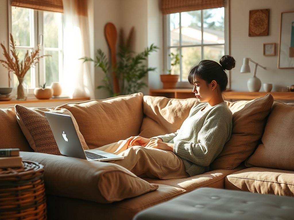 A cozy home setting with a person comfortably sitting on a couch, engaged in a virtual therapy session on a laptop. Natural light filters in through a window, creating a warm and inviting atmosphere. The background includes soft, earthy colors and simple decor, emphasizing a relaxed and safe environment.