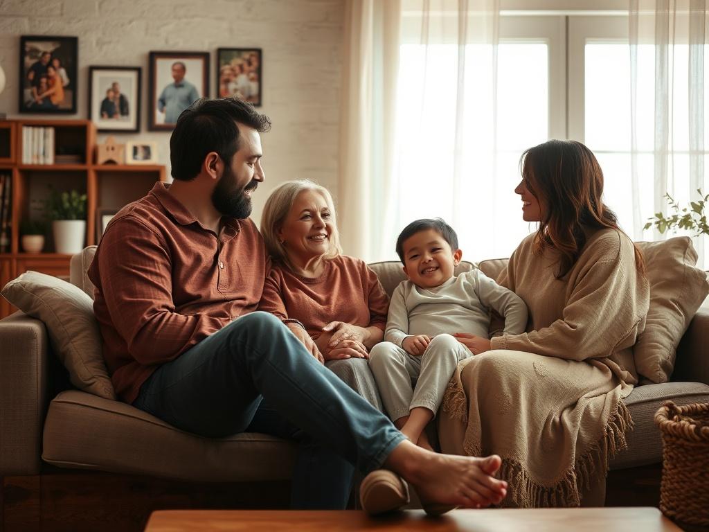 A warm family setting with members sitting together on a couch, engaged in a supportive conversation. The atmosphere is calm and inviting, with soft lighting and personal touches like family photos on the walls. The scene conveys a sense of togetherness and understanding.