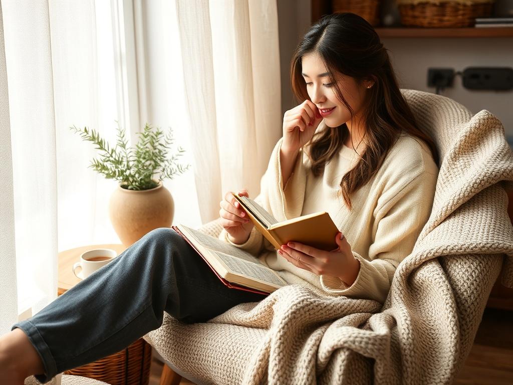 A serene and peaceful scene of a woman sitting in a cozy chair with a journal and a cup of herbal tea, reflecting and engaging in self-care. Soft, natural lighting illuminates the space, creating an atmosphere of calm and introspection.