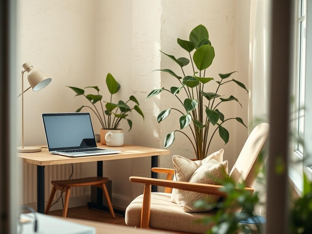 A cozy, inviting home office setting with a comfortable chair, soft lighting, and a laptop open on a desk. A calming indoor plant is visible in the background, enhancing the atmosphere of tranquility and comfort. The overall aesthetic should have natural tones and earthy textures, reflecting a warm and grounded feel.