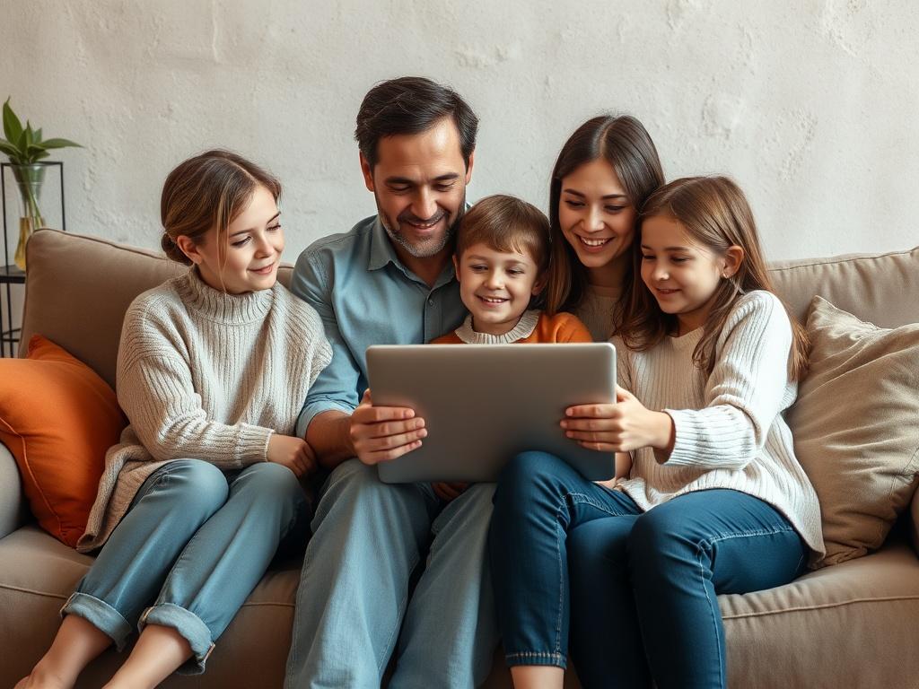 A family sitting together on a couch, engaging in an online therapy session via a laptop. The setting is warm and inviting, with a soft color palette. Family members appear attentive and connected, showcasing a supportive atmosphere during their virtual counseling.