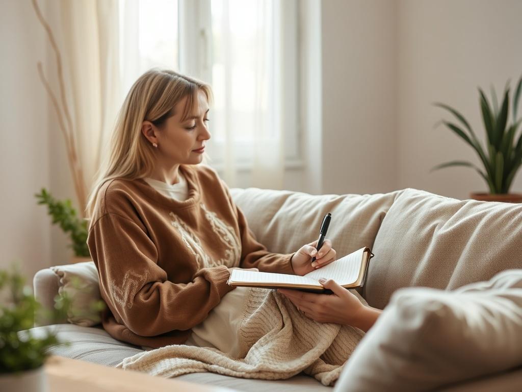 A serene image of a woman in her home, sitting comfortably with a notebook and pen, reflecting during an online therapy session. Soft lighting creates a peaceful environment, emphasizing the importance of mental health support for women.