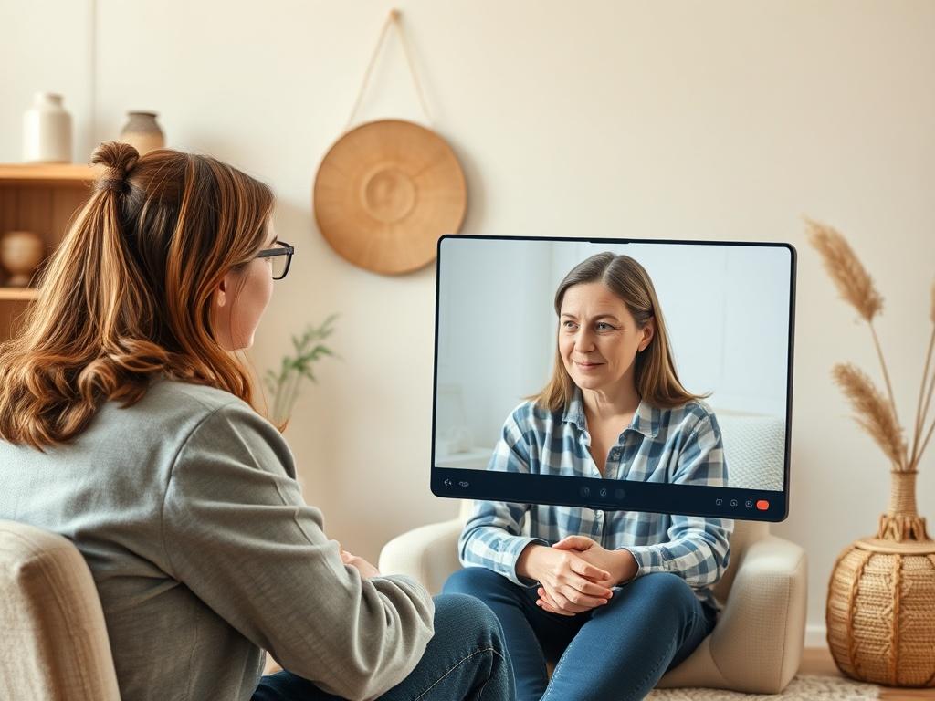 A serene counseling session, where a therapist listens attentively to a client on a video call. The therapist's expression reflects empathy and support, with a peaceful backdrop of soft colors and calming decor.