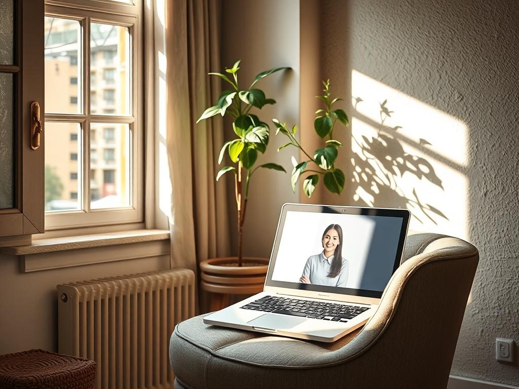 A cozy home office setting with a comfortable chair and a laptop open, displaying video counseling. Sunlight filters through a window, creating a warm atmosphere. A plant is visible in the background, adding a touch of nature to the space.