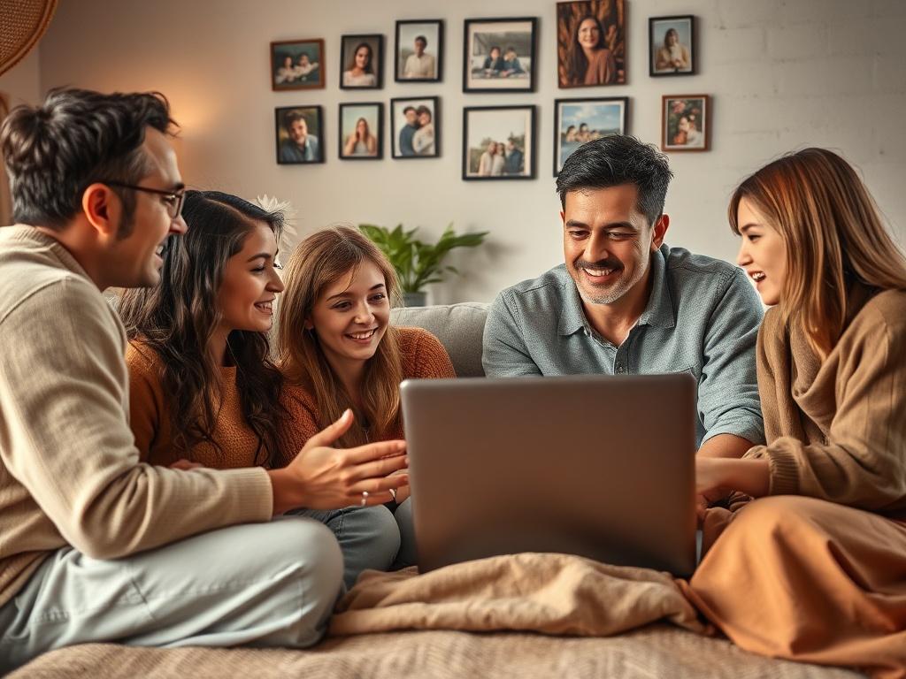 A family gathered around a laptop, engaged in a virtual therapy session, showing expressions of understanding and support. The room is warmly lit, with family photos on the wall, creating a comforting environment.