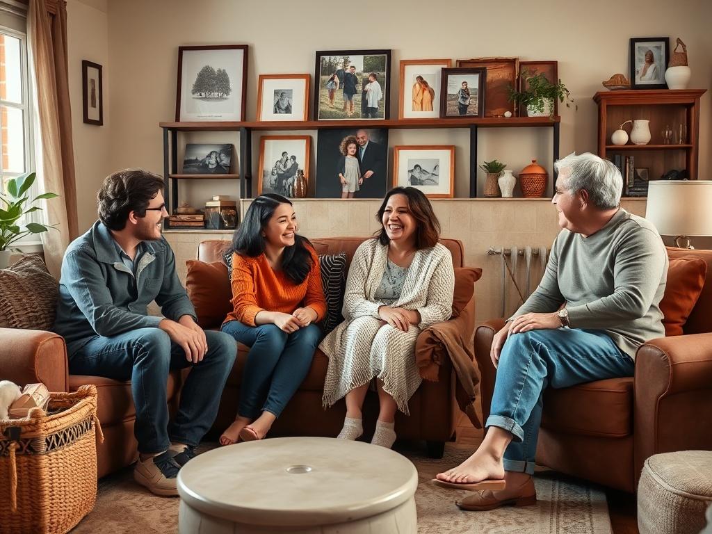 A diverse family sitting together in a cozy living room, engaged in a relaxed conversation. They share smiles and laughter, surrounded by family photos and warm decor. A therapist sits with them, guiding the discussion in a supportive manner. The room exudes warmth and comfort, symbolizing a safe space for family connection.