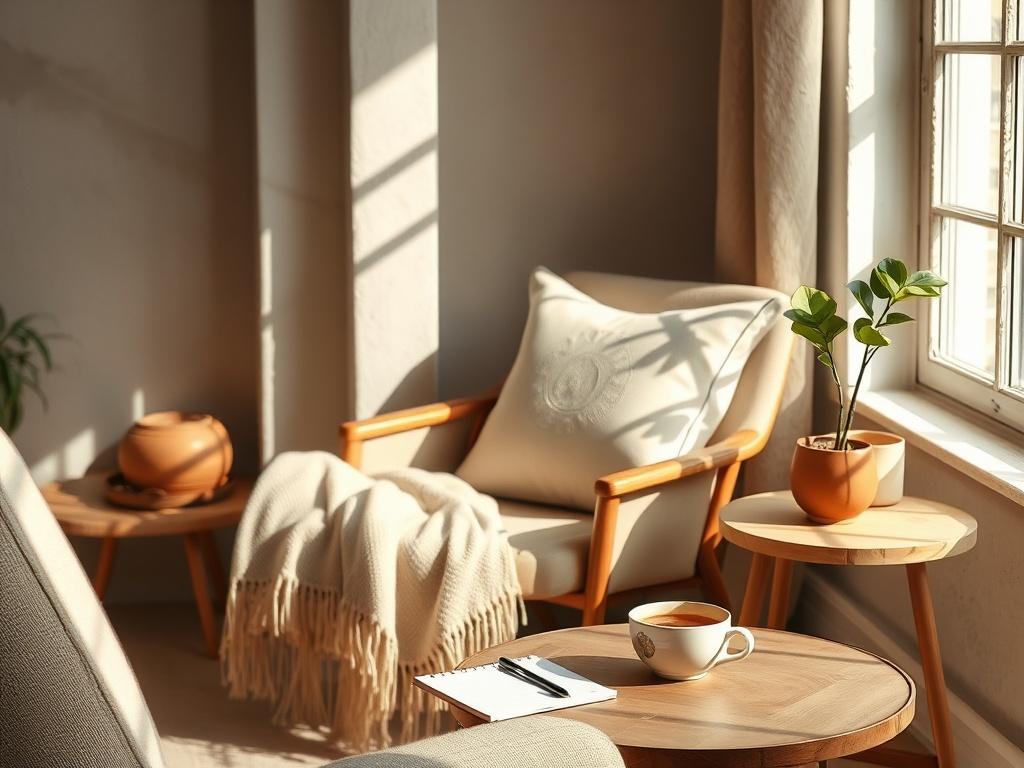 A serene home office setting with a comfortable chair and a soft throw blanket. A warm cup of tea sits on a side table, alongside a notepad and pen. Natural light filters through a window, casting a gentle glow on a plant in the corner. The atmosphere is calm and inviting, reflecting a safe space for personal growth and healing.