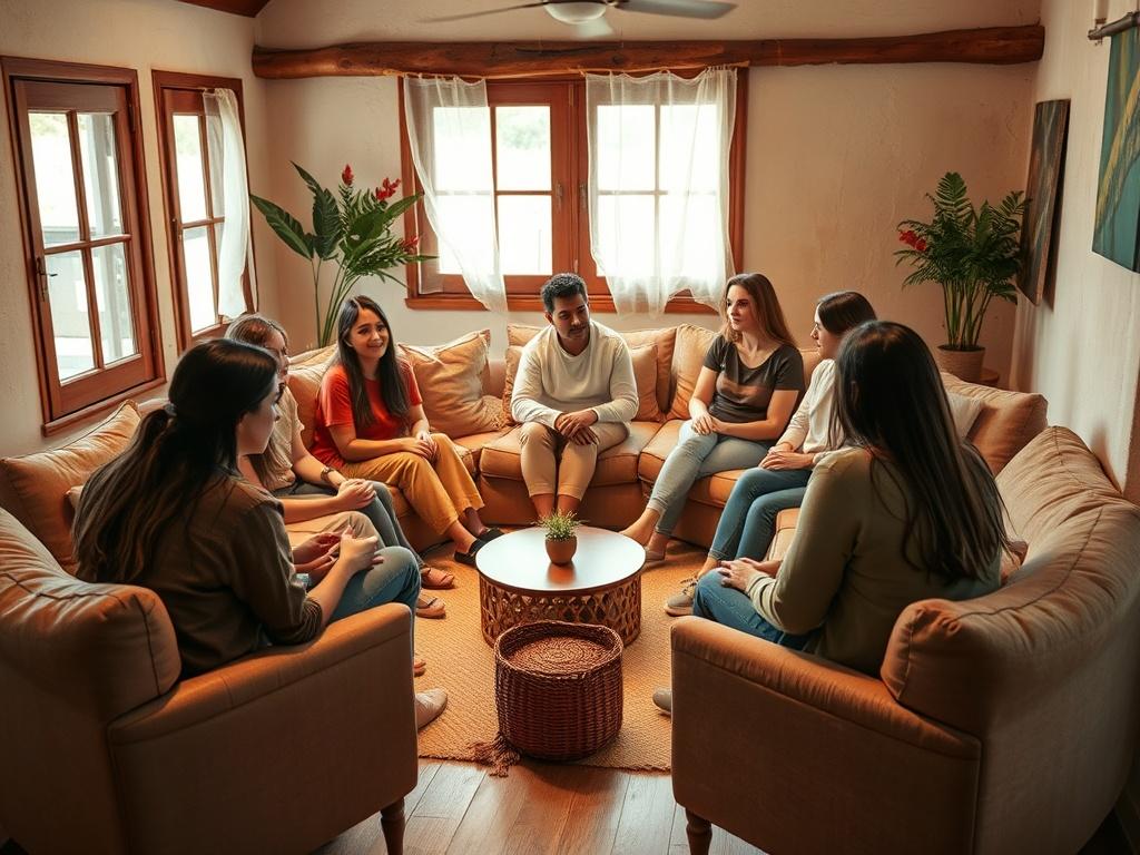 A group of diverse individuals sitting in a circle in a warmly lit room, engaging in an open discussion. Each person shares their thoughts while others listen attentively, creating a sense of camaraderie. Comfortable seating and soft lighting contribute to a supportive and welcoming atmosphere, ideal for group therapy.