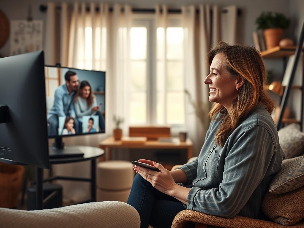 A therapist engaged in a virtual counseling session, with a warm smile, showing empathy and understanding. The setting is a calming home office with soft lighting and personal touches, reflecting a safe space for clients. The screen displays a family participating in a session, emphasizing connection and support during therapy.