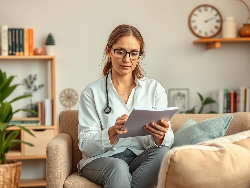A focused therapist in a comfortable home office, engaged in a virtual session with a client. The background features calming colors, books on mental health, and a soft chair, creating an inviting atmosphere. The therapist is taking notes, demonstrating attentiveness and expertise in addressing mental health concerns.