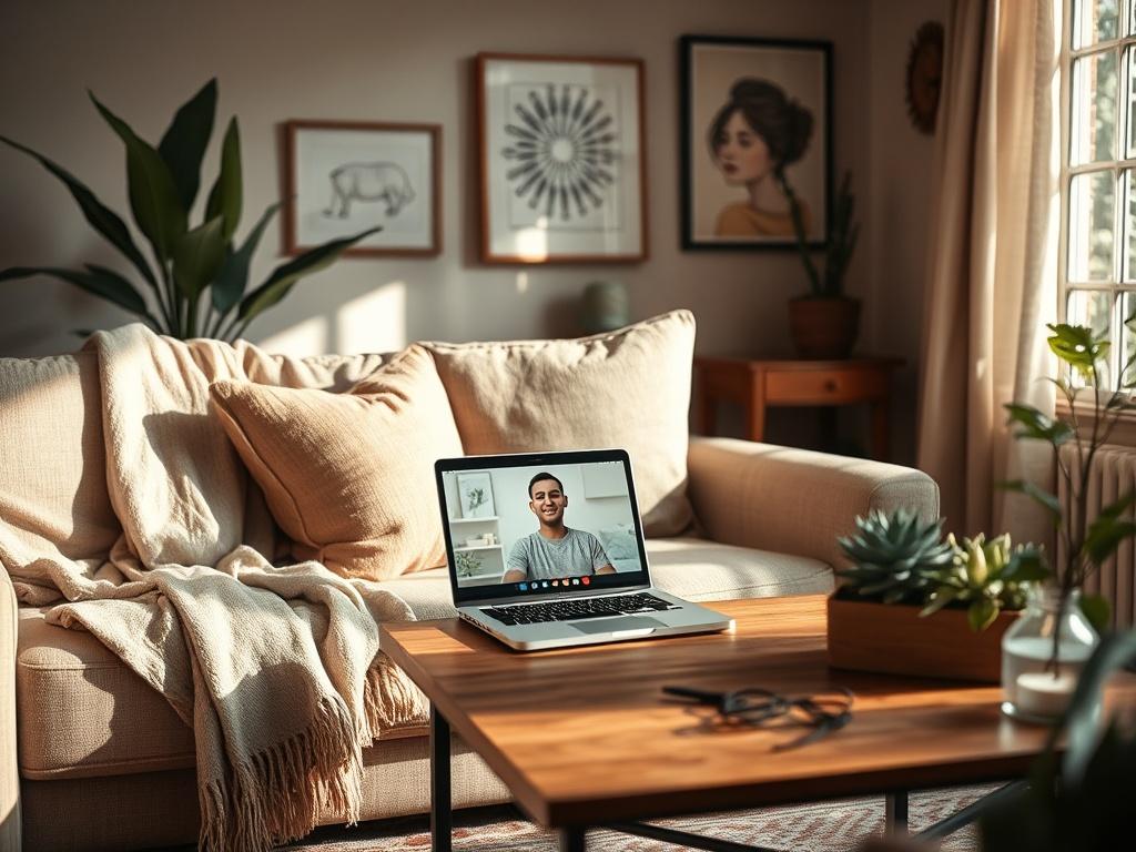 A warm, inviting living room setting with a comfortable couch, a soft throw blanket, and a laptop open on a coffee table, displaying a virtual therapy session. Natural light filters through a nearby window, creating a cozy atmosphere. The background features calming decor, such as plants and soothing artwork, emphasizing a serene environment suitable for online therapy.