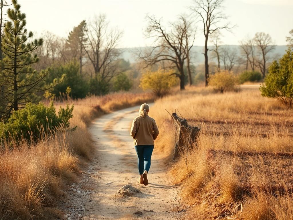 A serene outdoor setting with a person walking along a peaceful trail, reflecting on their experiences while engaging in virtual therapy. The natural surroundings symbolize healing and growth, creating a calm and safe atmosphere for exploration and recovery in therapy.