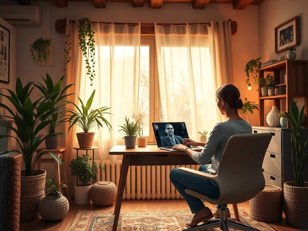 A cozy home office setting with a person sitting at a desk, engaged in an online therapy session on a laptop. The room has warm lighting, plants, and calming decor, depicting a safe and inviting atmosphere. The person appears relaxed and focused, reflecting a positive and engaging online therapy experience.