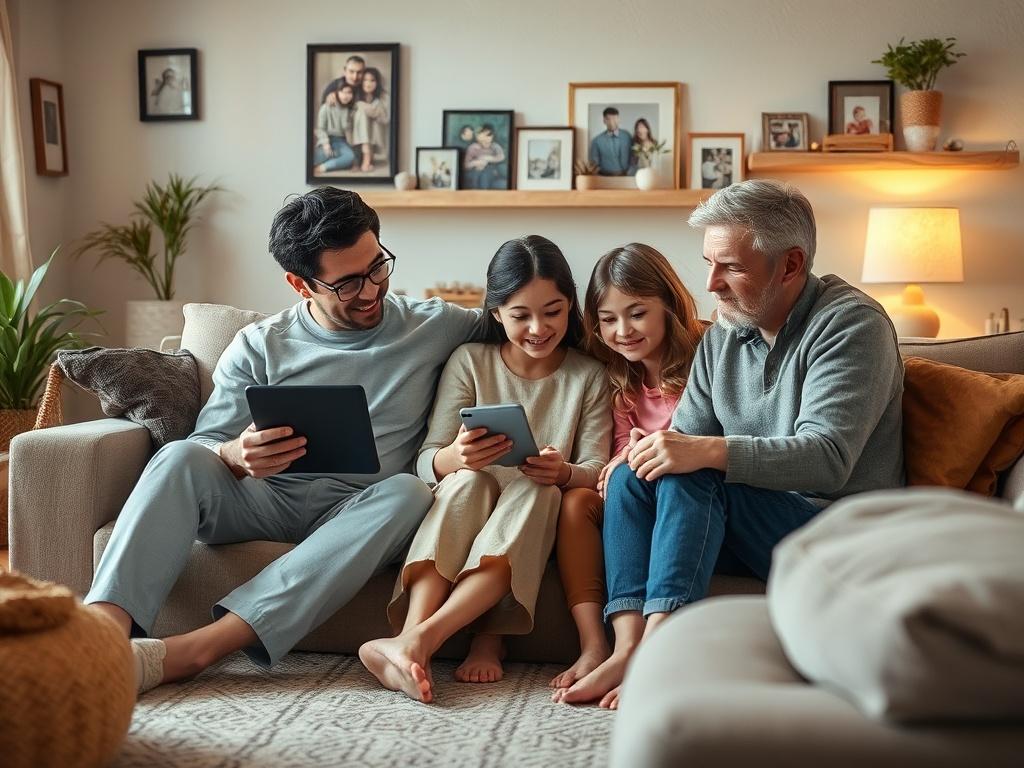 A family sitting together in a living room, engaging in a virtual therapy session on a tablet. The family members appear supportive and attentive, reflecting a nurturing environment. The setting is warm and inviting, with soft lighting, family photos, and comfortable seating, showing the importance of family bonding in therapy.