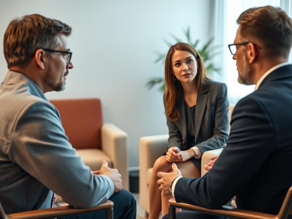 A close up shot of a mediator facilitating a discussion