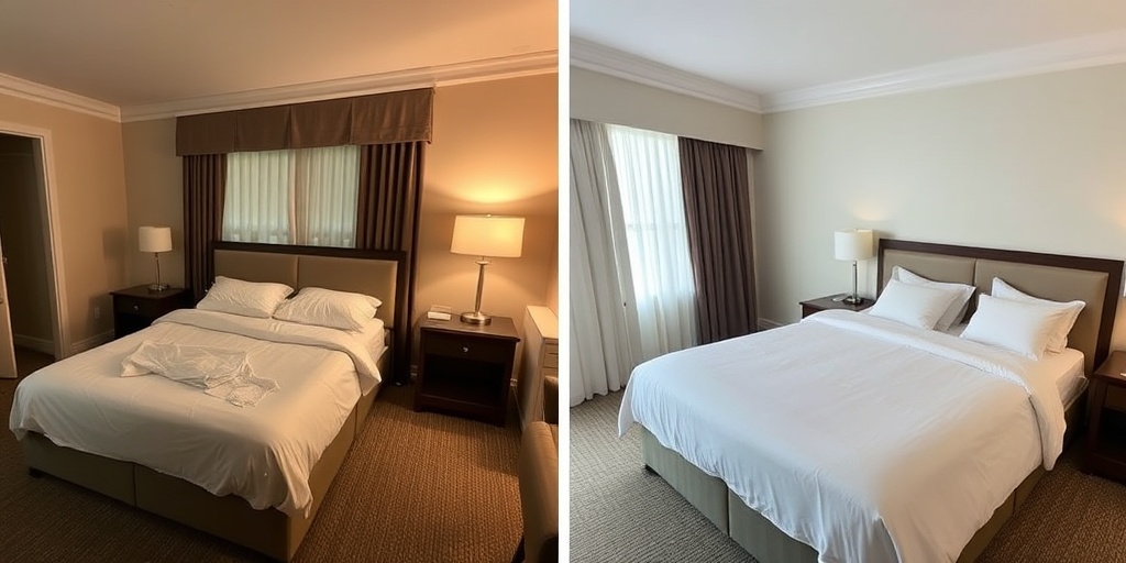 Before and after hotel bedroom cleaning transformation