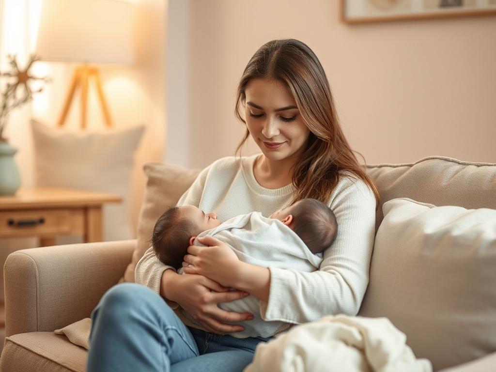 A serene scene depicting a parent sitting comfortably in a softly lit room, holding a newborn baby close. The parent has a calm expression, showcasing a moment of connection and peace. The background features gentle, warm tones with soft furnishings and a cozy atmosphere, enhancing the feeling of comfort and emotional support.
