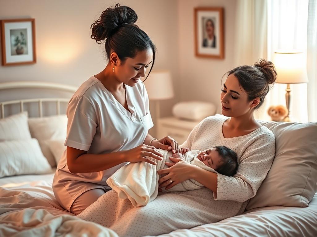 A serene bedroom scene featuring a qualified midwife gently assisting a new mother with her infant. The room is softly lit with warm tones, showcasing a cozy atmosphere. The midwife is demonstrating a feeding technique while the mother looks relaxed and content, cradling her baby. The background includes a neatly made bed with soft linens, a bedside table with a calming lamp, and gentle decorations that convey warmth and care.