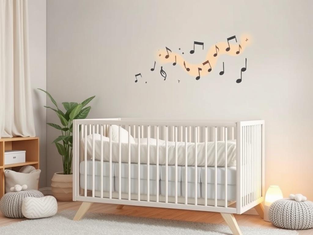 A serene nursery setting featuring a cozy crib with soft bedding, a gentle nightlight casting a warm glow, and soothing lullaby music playing softly in the background. The room is decorated in soft tones with gentle lighting, creating a peaceful atmosphere. The focus is on the crib, emphasizing comfort and tranquility for new parents and their baby.