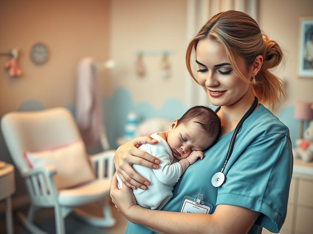 A serene scene of a maternity nurse gently cradling a newborn baby in a softly lit room. The background features a cozy nursery with pastel colors, plush toys, and a rocking chair. The nurse has a warm, caring expression, wearing scrubs and a name badge. The atmosphere is peaceful, conveying a sense of safety and nurturing.