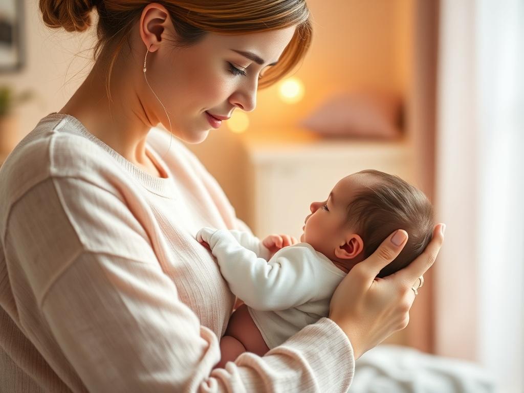 A serene and warm image of a mother gently holding her newborn baby in a soft, cozy room. The mother looks calm and nurturing, focused on feeding her baby. The background is softly blurred with gentle lighting, featuring pastel colors to create a peaceful atmosphere. The composition highlights the bond between mother and child, emphasizing love and care.