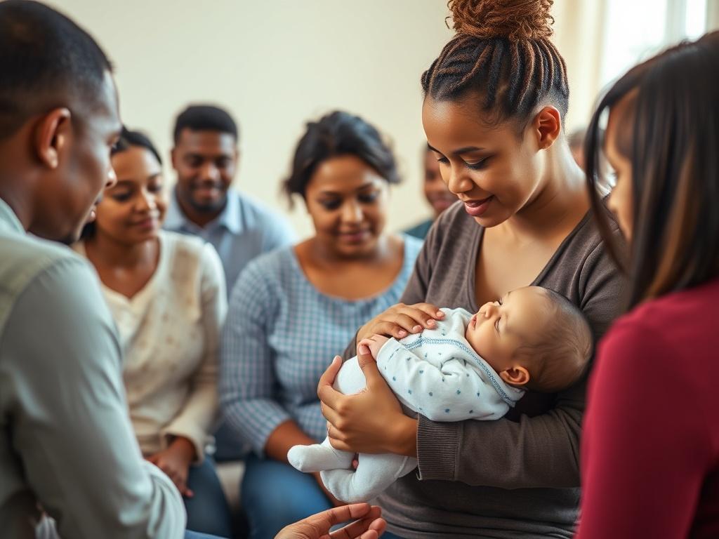 A high-resolution image capturing a diverse group of new parents engaged in a hands-on infant care workshop. The setting should feel warm and inviting, with soft lighting and gentle tones, reflecting a supportive community atmosphere. Focus on a parent holding a baby doll, demonstrating a soothing technique.