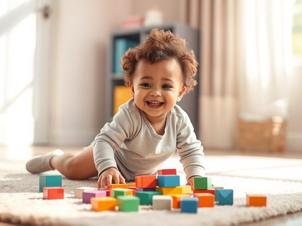 An inviting high-resolution image of a joyful toddler playing with colorful blocks on a soft rug in a sunlit room. The background should feature soft pastel colors and gentle lighting, creating a peaceful play environment. The focus should be on the child's smiling face as they explore and learn.