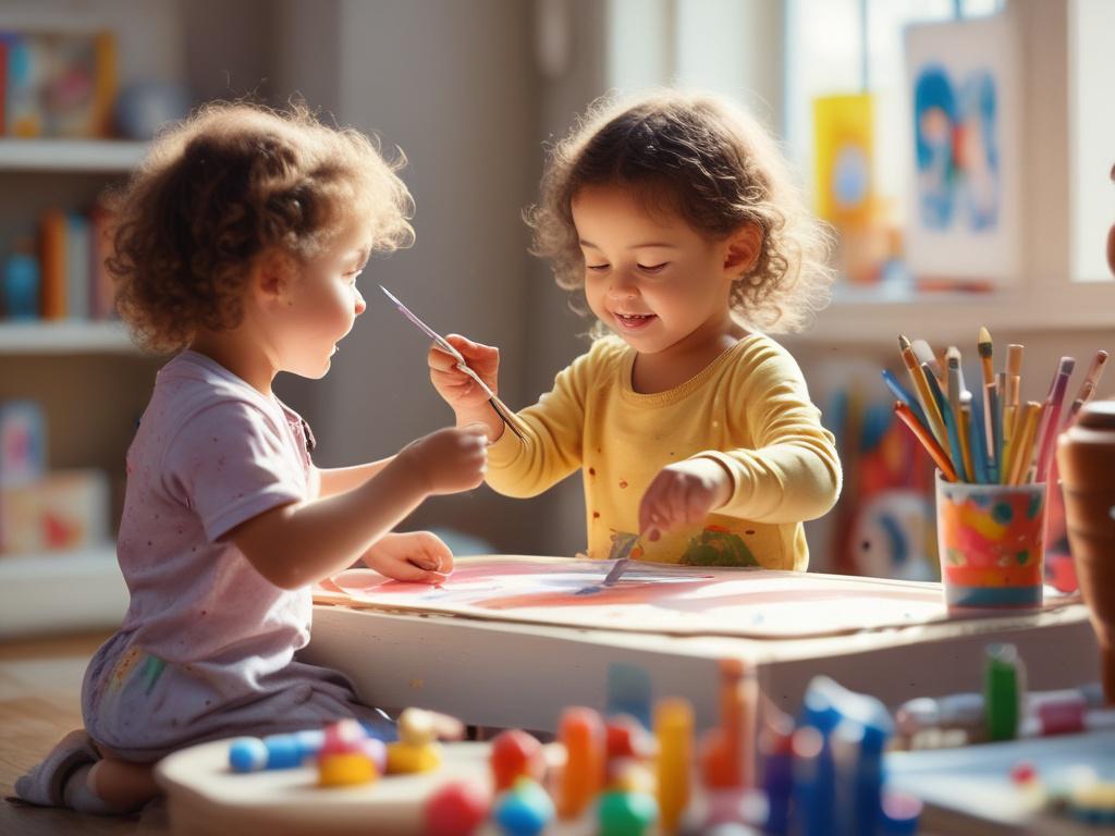 A lively scene of a toddler painting with bright colors