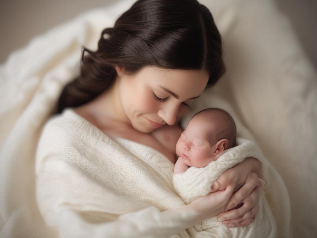 **AI Image Generation Prompt:**

Create a realistic high-resolution photo that embodies the essence of a nurturing environment for a newborn. The composition should be simple and clear, featuring one main subject: a serene and gentle scene of a parent cradling their newborn in a cozy, softly lit nursery. The parent, a caring figure with a look of love and tenderness, should be positioned at the center of the image, showcasing the intimate bond between them and the baby. 

The newborn, wrapped in a soft past