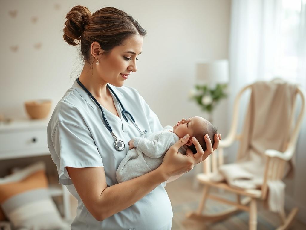 A peaceful scene in a softly lit nursery, featuring a caring maternity nurse gently holding a newborn baby in her arms. The background should have soft pastel tones with comforting elements such as a rocking chair and a cozy blanket. The mood should be calm and nurturing, emphasizing the warmth and support provided by the maternity nurse.