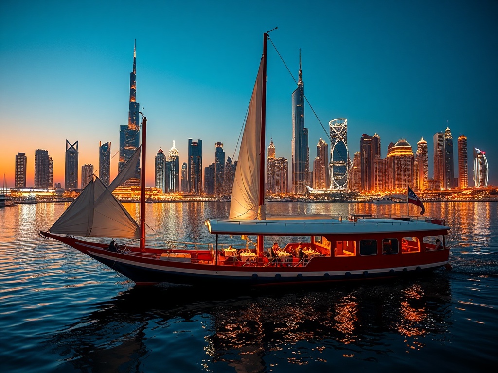 Luxury marina dinner cruise at sunset with Dubai skyline