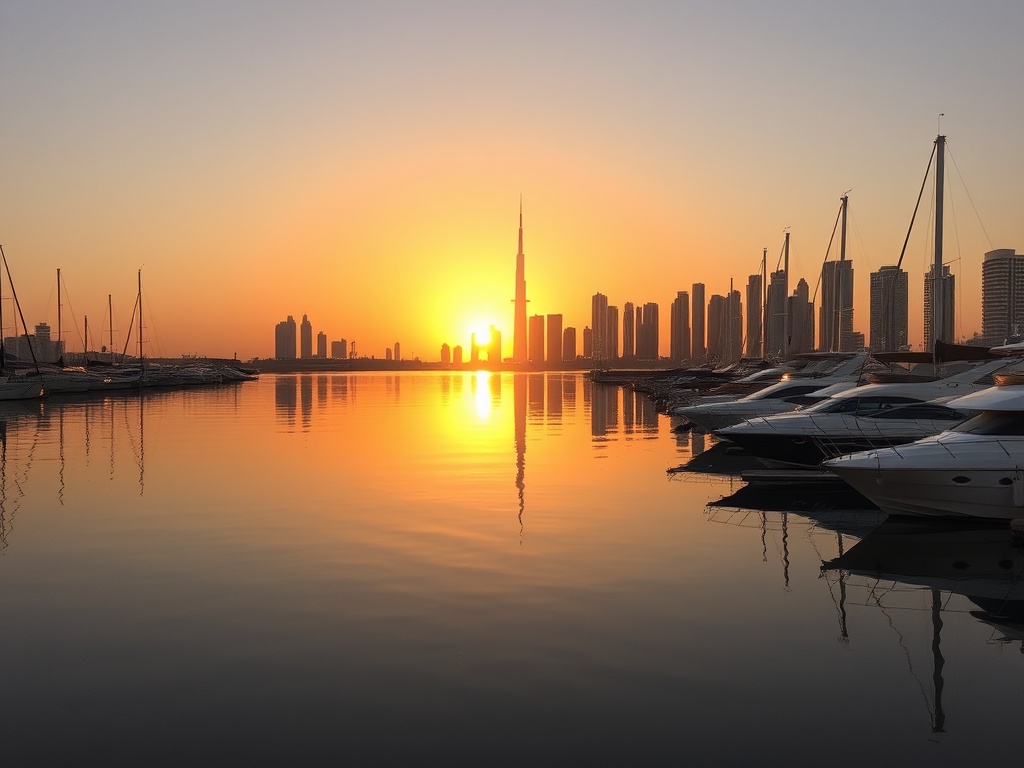 Beautiful marina sunset with Dubai skyline
