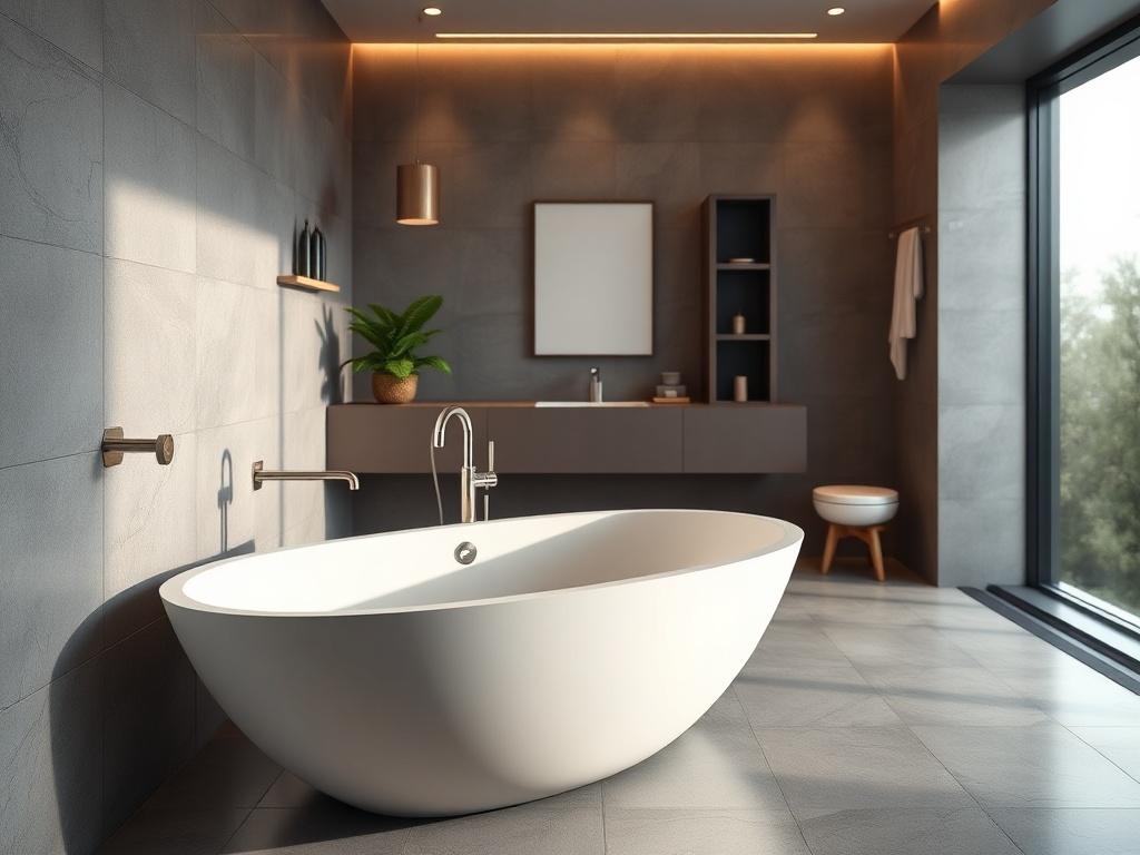 A modern bathroom showcasing a sleek, freestanding bathtub, elegant fixtures,
