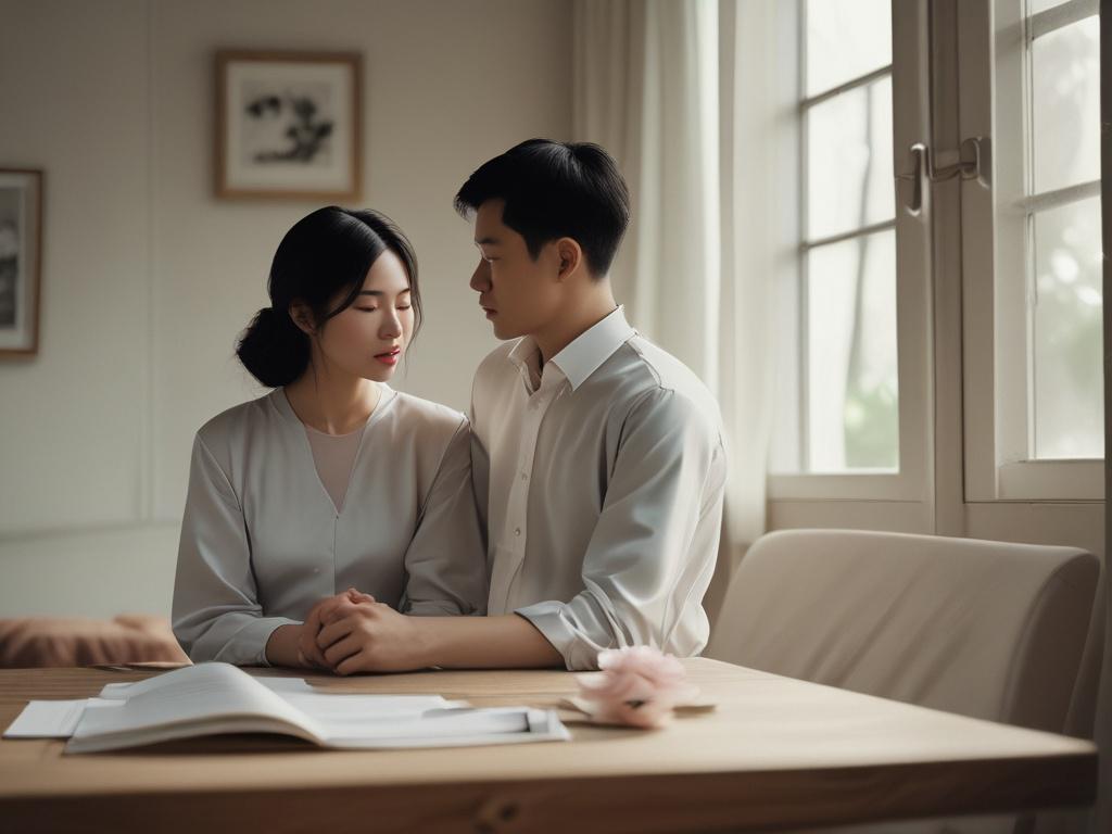 **AI Image Generation Prompt:**

Create a realistic high-resolution image that conveys the emotional weight and legal implications of divorce, reflecting the blog title "💔‼️ HẬU QUẢ PHÁP LÝ CỦA VIỆC LY HÔN - ĐIỀU GÌ ĐỢI CHỜ BẠN PHÍA TRƯỚC?". The composition should focus on a single subject: a contemplative woman sitting alone at a table, her expression a mix of sadness and thoughtfulness. She gazes out of a window, where soft, natural light filters in, creating a peaceful atmosphere. 

The background should