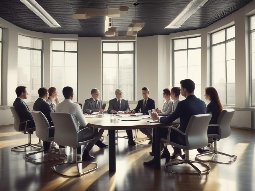 A professional image of a business meeting, featuring a diverse