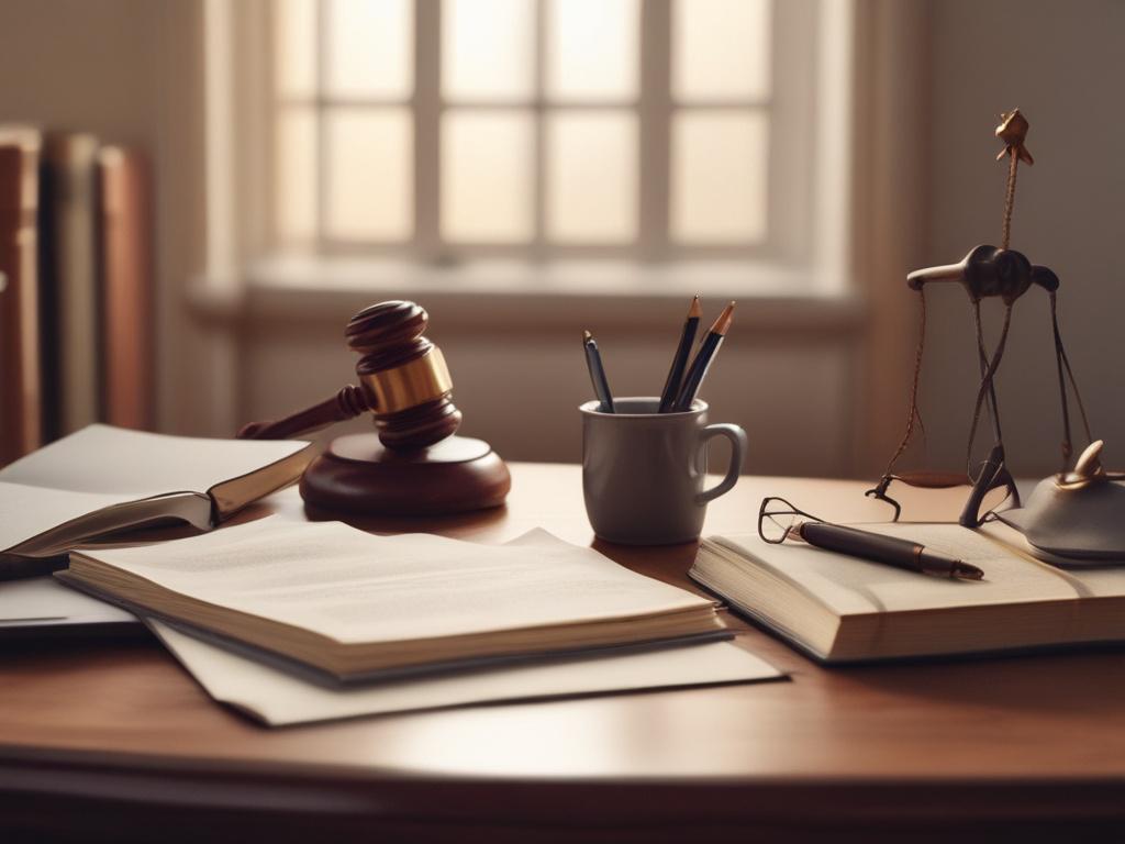A serene and professional image of a lawyer's desk, featuring