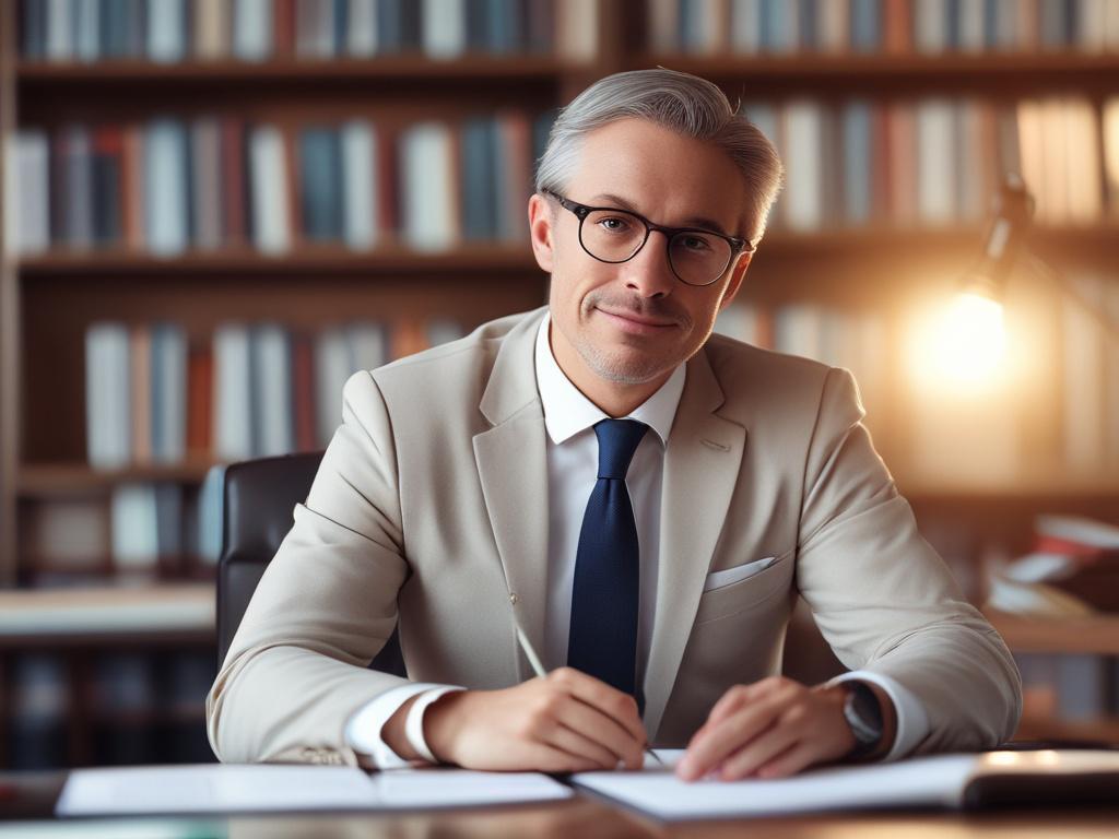 A professional lawyer in a soft toned office, attentively listening