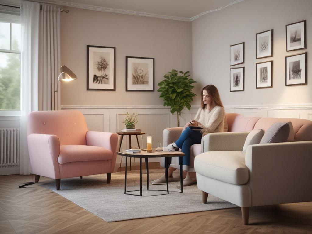 A compassionate psychologist sitting in a cozy, softly lit room,