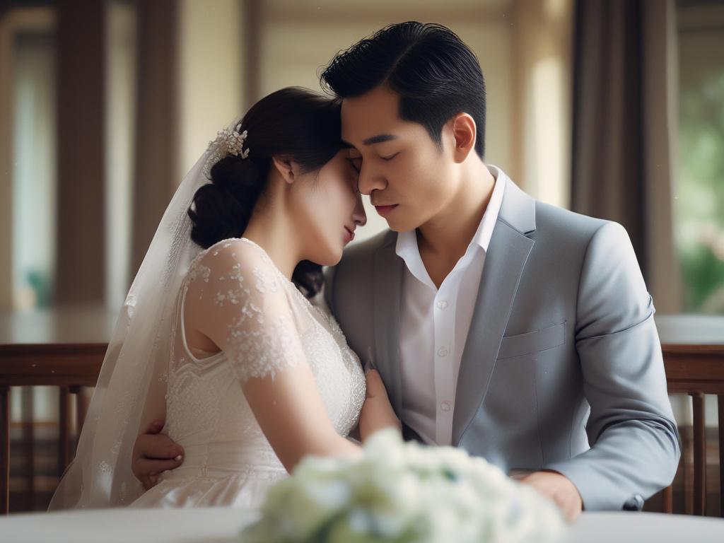 **Prompt for AI Image Generation:**

Create a realistic high-resolution photo depicting a thoughtful and emotional scene that embodies the complexity of divorce, especially focusing on "Ly Hôn: Thuận Tình hay Đơn Phương?" The composition should centralize a single subject, a mid-aged Vietnamese woman, sitting at a wooden table with her hands clasped together in front of her, displaying a contemplative and slightly melancholic expression. She should have soft, natural lighting illuminating her face to highli