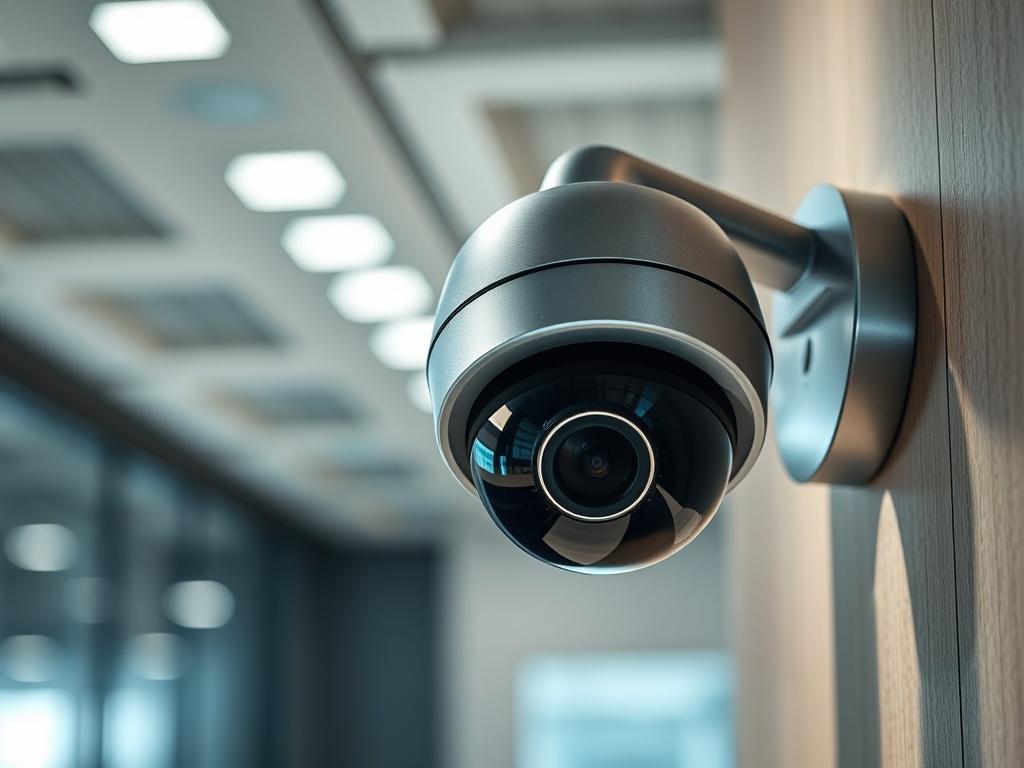 A hyper-realistic close-up shot of a modern surveillance camera mounted on a wall, with a blurred background of a well-lit office environment. The camera should be sleek and contemporary, showcasing its high-tech features. The lighting should highlight the camera's metallic surface, creating a professional and secure atmosphere.