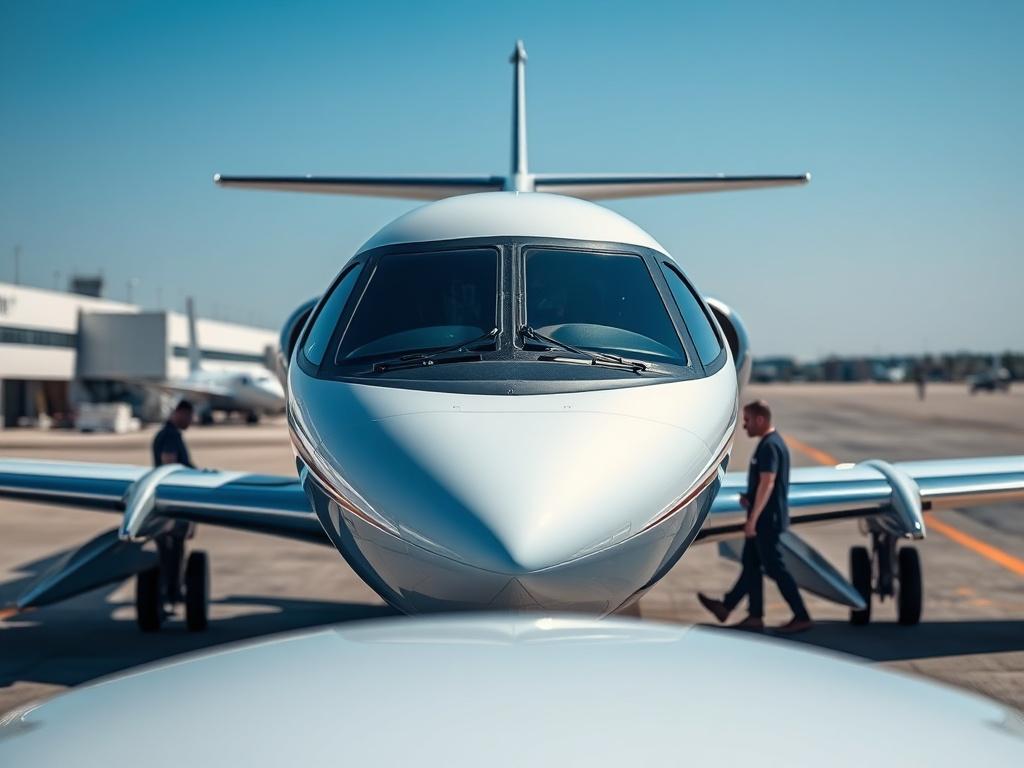 A sleek private jet on an airport tarmac, with a