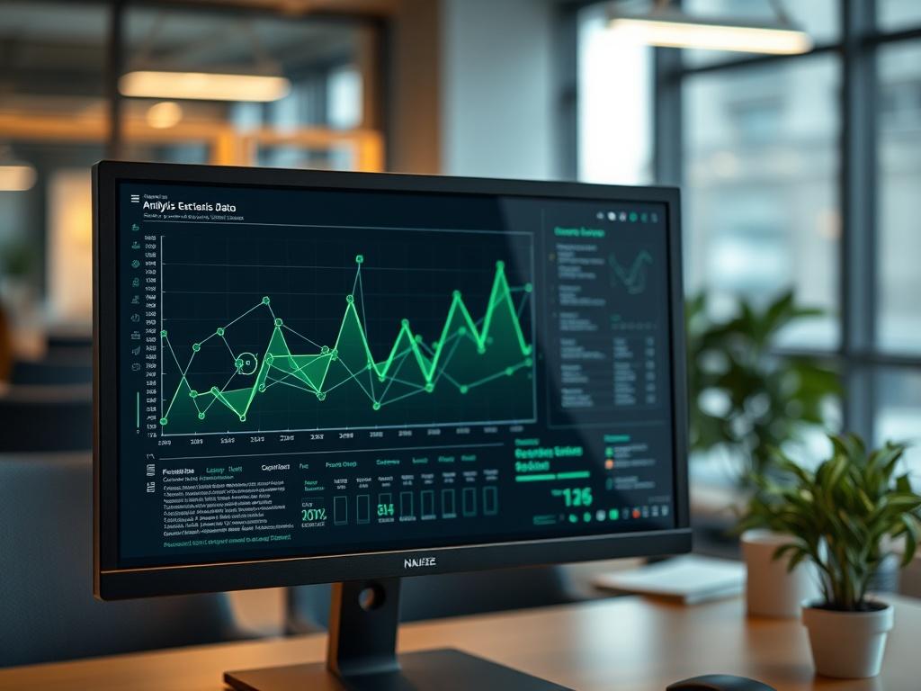 Un entorno de oficina moderno y profesional, con un enfoque en una pantalla de computadora donde se muestra un gráfico de análisis de datos. La imagen debe tener un fondo desenfocado que sugiere un ambiente de trabajo colaborativo. El gráfico debe ser claro y legible, representando conexiones y vínculos, simbolizando la investigación. La luz debe ser suave y el color predominante debe estar en armonía con un verde vibrante.