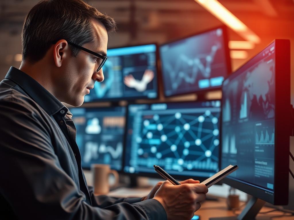 Close-up shot of a professional investigator analyzing evidence related to a network of links in a high-tech office setting. The investigator is focused, surrounded by monitors displaying data and images, with a notepad and pen in hand. The background is blurred to emphasize the investigator and the digital interface. The lighting is bright and modern, conveying a sense of urgency and professionalism.