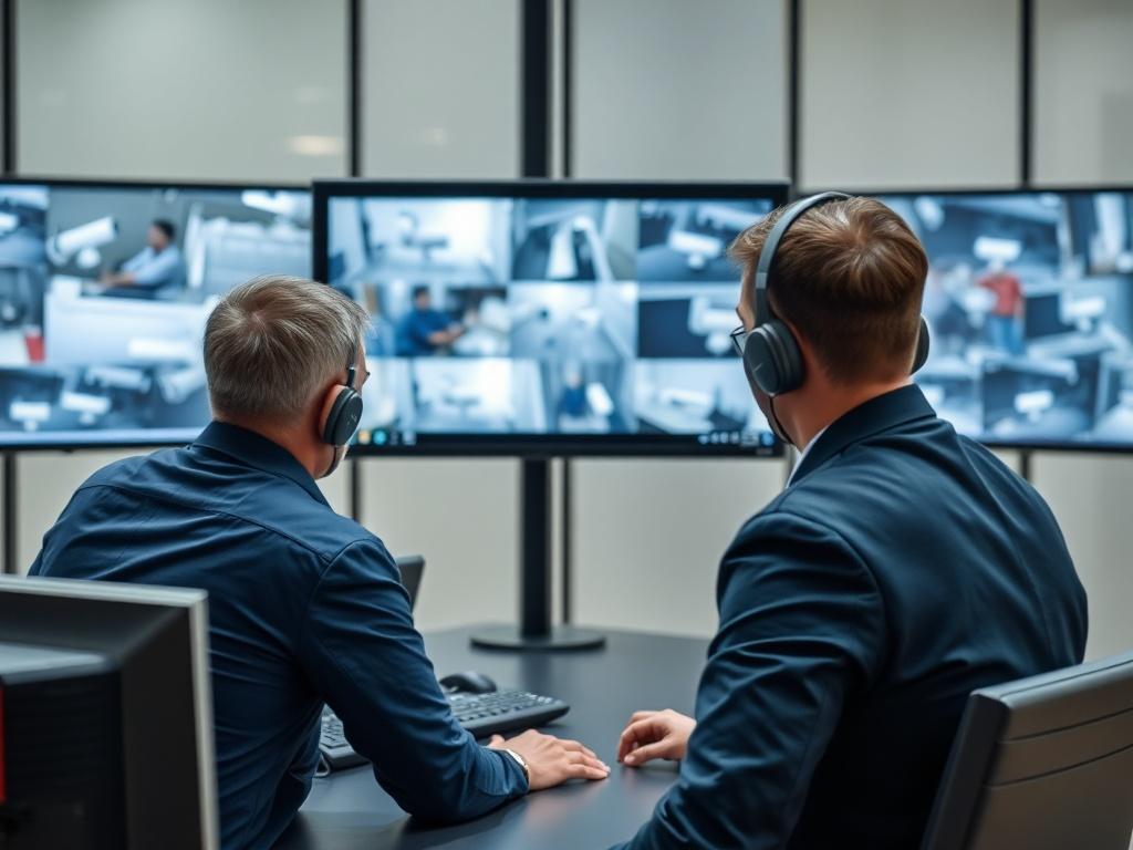 Una imagen realista de un equipo de profesionales de la seguridad revisando monitores de vigilancia en una sala de control. El enfoque debe estar en un monitor que muestra imágenes en vivo de diferentes cámaras de seguridad. La composición debe ser clara y simple, con un fondo que sugiera un ambiente corporativo. La imagen debe transmitir profesionalismo y confianza.