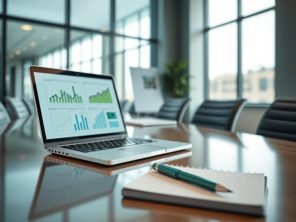 A hyper-realistic close-up image of a modern office setting with a sleek conference table, a laptop open displaying business graphs, and a notepad with a pen. The background softly blurred to focus on the details of the workspace, illuminated by natural light coming through large windows. The color scheme should incorporate shades of green, particularly rgb(50, 170, 39), to reflect a professional and corporate atmosphere.
