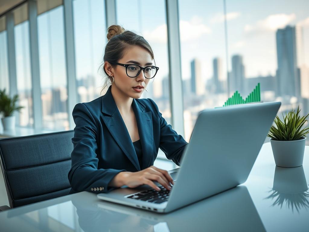 Create a realistic high-resolution image that reflects the theme of corporate intelligence under the title "La importancia de la inteligencia corporativa." The composition should be simple and clear, featuring a single subject: a focused business professional, a woman in her 30s, wearing a tailored navy-blue blazer and glasses. She should be seated at a modern desk, intently analyzing data on a laptop screen. The screen should display graphs and charts that indicate growth and analysis, but avoid any text o
