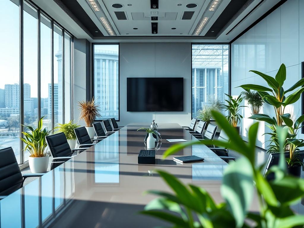 A hyper-realistic high-resolution photo of a modern corporate office environment, showcasing a sleek conference room with a large table, high-end technology, and vibrant green plants. The atmosphere should reflect professionalism and innovation, with natural light streaming in through large windows.