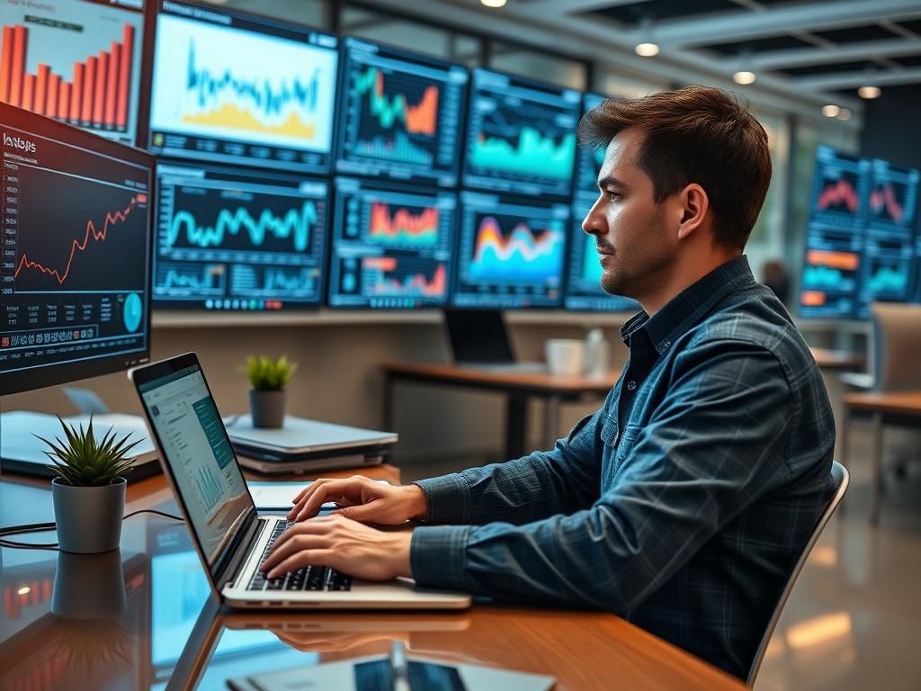 A hyper-realistic high-resolution photo of a data analyst working on a laptop in a modern office, surrounded by charts and graphs displayed on screens. The setting should convey a dynamic and analytical environment.