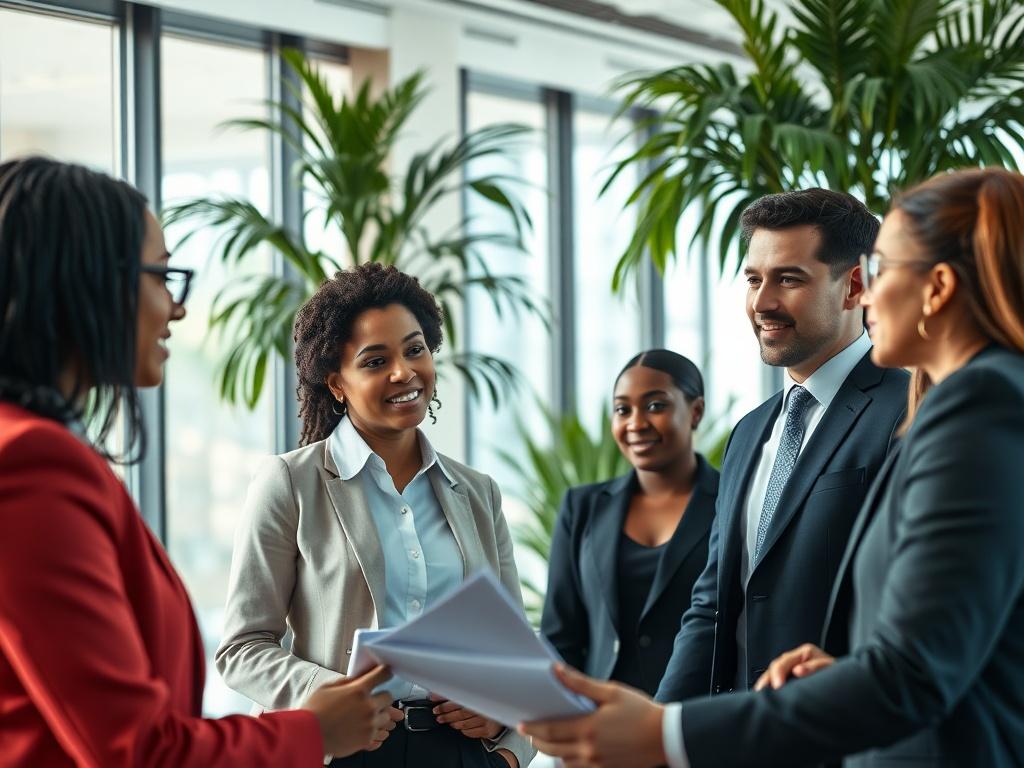 A hyper-realistic close-up shot of a professional business team discussing strategies in a modern office. The team should consist of diverse individuals of different ethnicities, wearing formal attire, engaged in a collaborative discussion. The background should be bright and contemporary, showcasing a sleek office environment with large windows and plants. The primary color of the image should be rgb(50, 170, 39), creating a vibrant and inviting atmosphere.